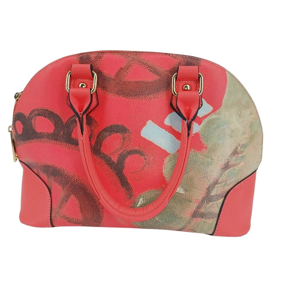 PAINTED PRINT CORAL/BROWN HANDBAG, WITH ZIPS, SIDE POCKETS FOR CARDS AND CELL PH